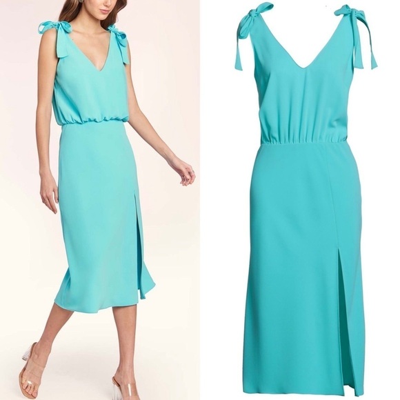 Amanda Uprichard Josephina Slit Blouson Midi Dress in Turquoise NWT Medium - Picture 1 of 9